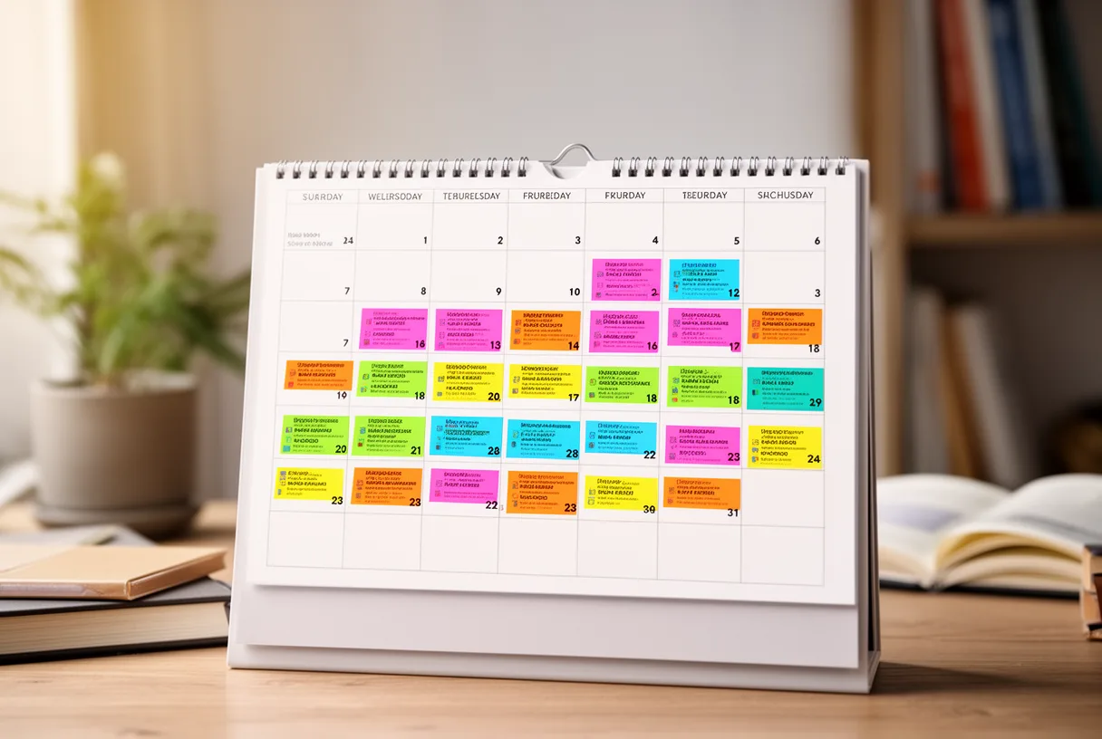 Calendrier mural avec des semaines surlignées en couleur pour les vacances scolaires