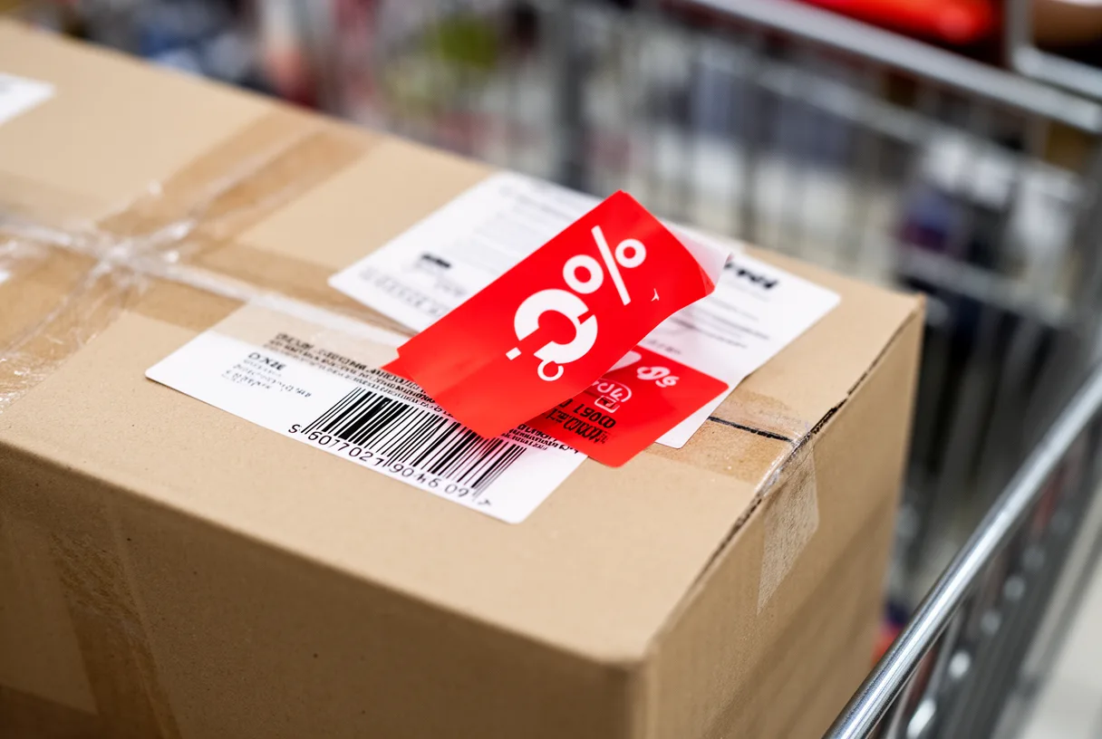 Gros plan sur une étiquette de prix avec un autocollant de remise partiellement décollé