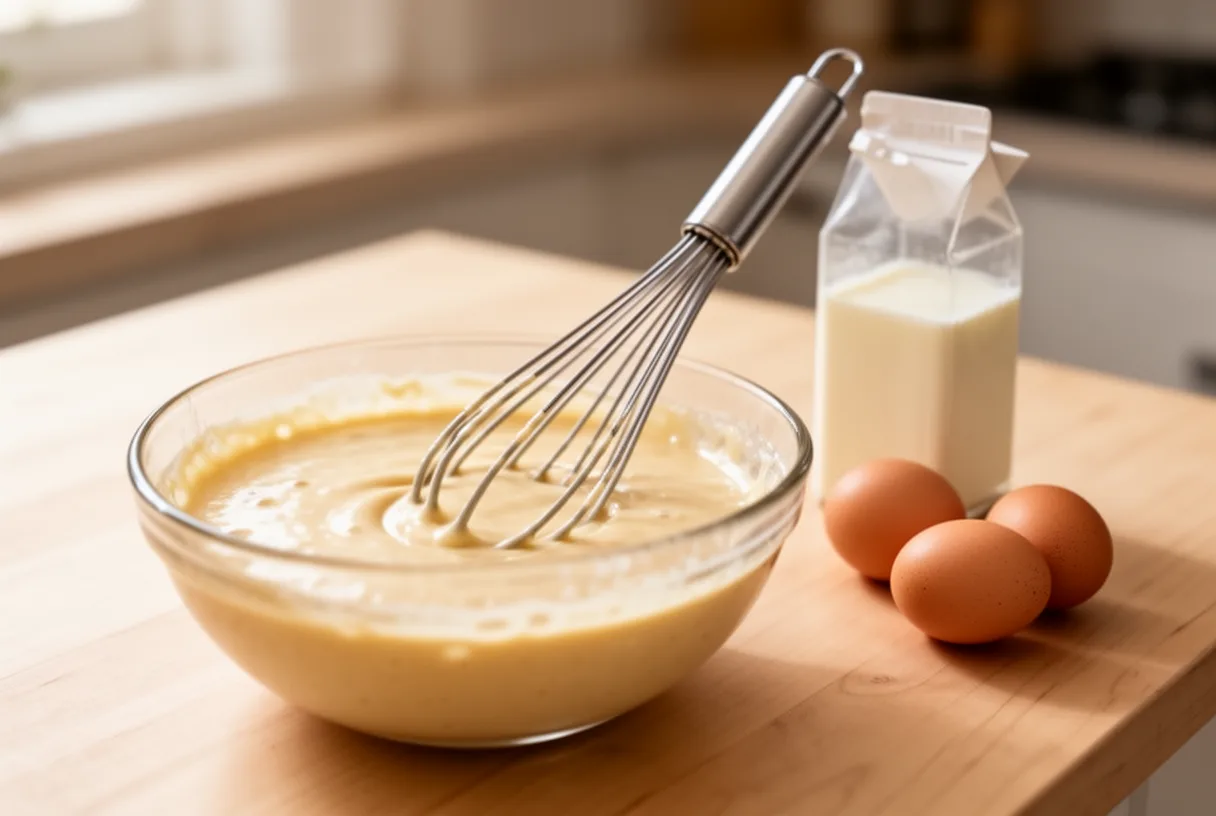 Un saladier de pâte à crêpes avec un fouet, un carton de lait et des œufs à côté