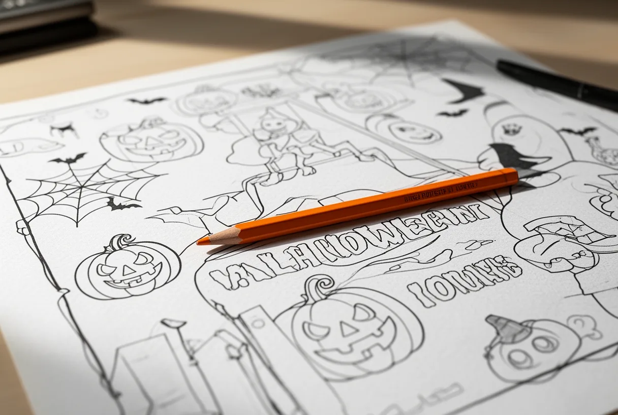 Gros plan sur un coloriage d'Halloween en cours avec un crayon orange