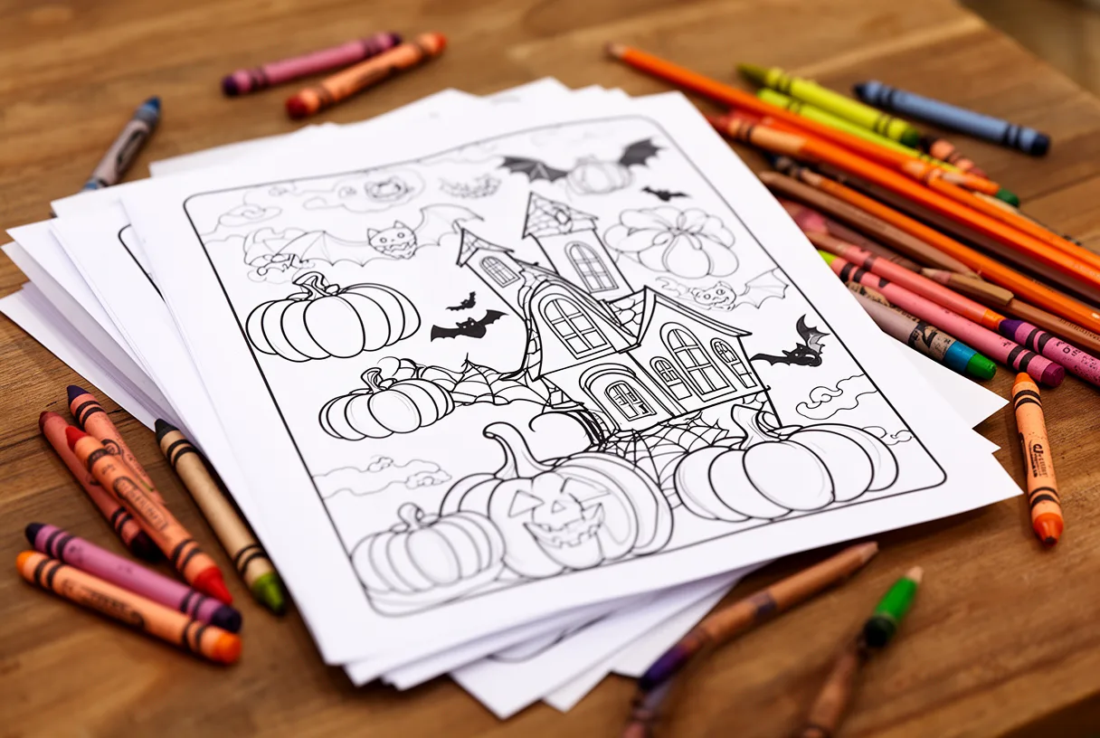 Coloriages d'Halloween imprimés sur une table en bois avec crayons de couleur