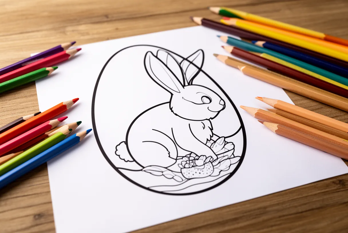 Coloriage de Pâques avec un œuf et un lapin aux contours épais, entouré de crayons de couleur