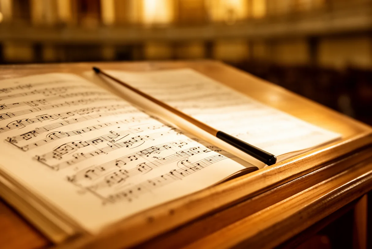 Baguette de chef d'orchestre posée sur une partition ouverte sur un pupitre en bois