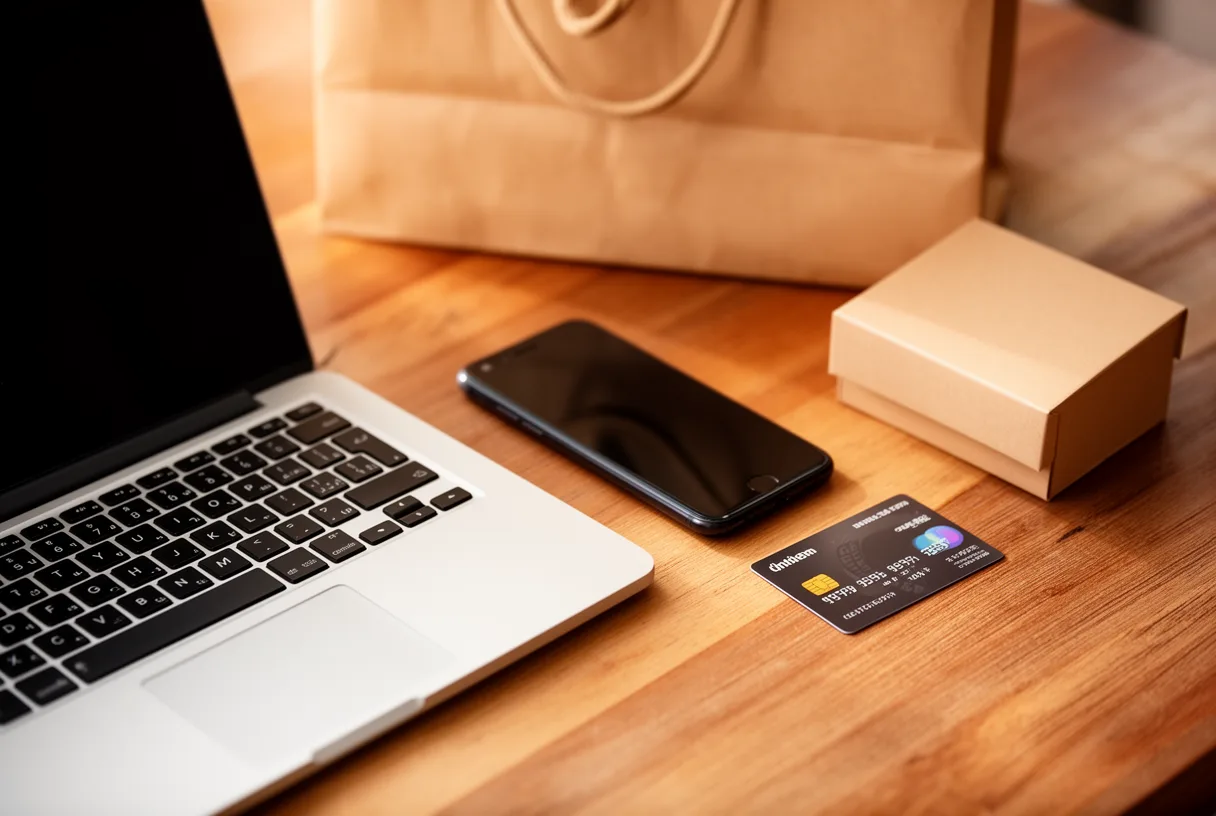 Préparer son Black Friday Darty : ordinateur, smartphone et carte bancaire posés sur une table.