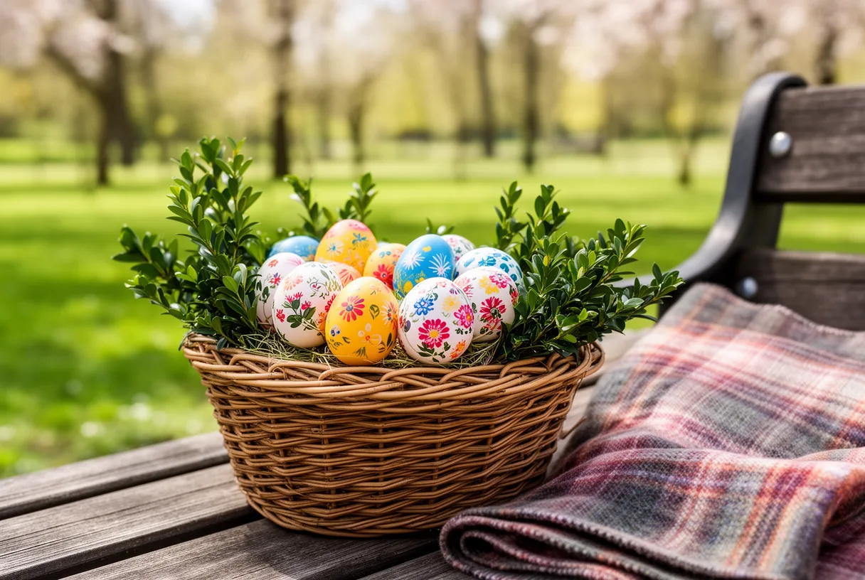 Panier de Pâques avec œufs décorés sur un banc de parc
