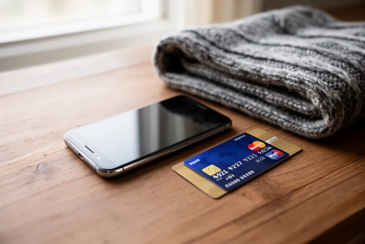 Smartphone posé face cachée à côté d'une carte bancaire et d'une écharpe