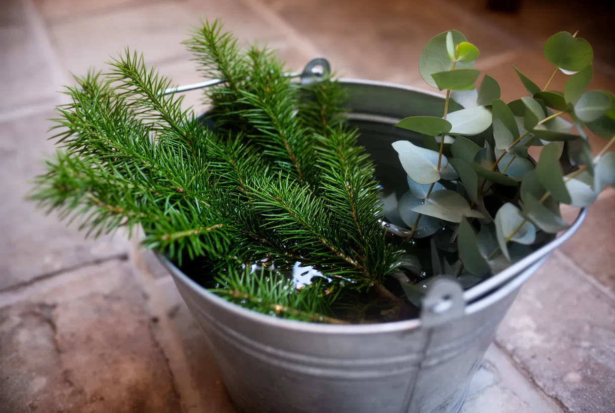 Branches de sapin et d'eucalyptus trempant dans un seau d'eau froide avant composition