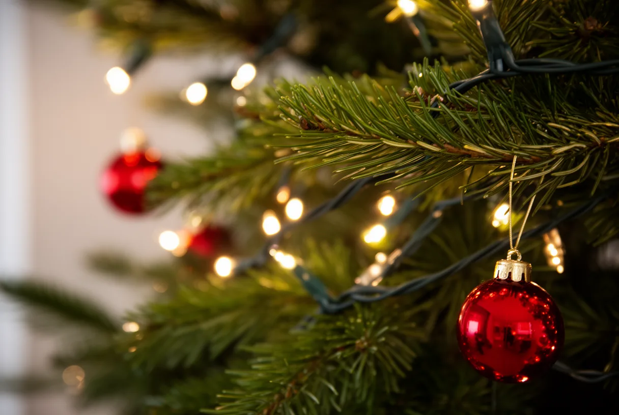 Branche de sapin décorée de lumières et de boules rouges