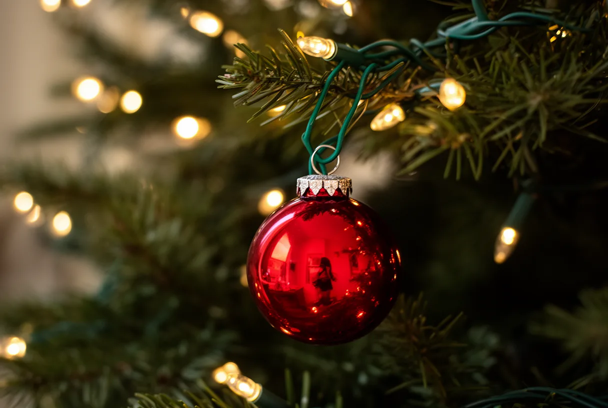 Détail d'une branche de sapin avec guirlande lumineuse et boule rouge fixée par du fil de fer