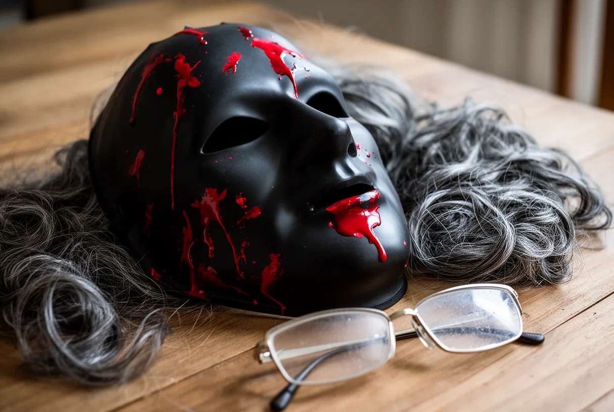 Masque en latex et perruque synthétique posés à côté d'une paire de lunettes embuées