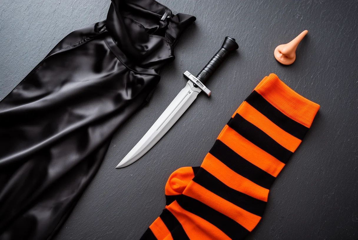 Accessoires de déguisement adulte : cape noire, dague factice, collants rayés et faux nez de sorcière