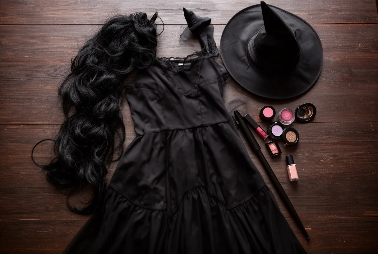 Déguisement de sorcière pour femme posé à plat avec chapeau, perruque et maquillage