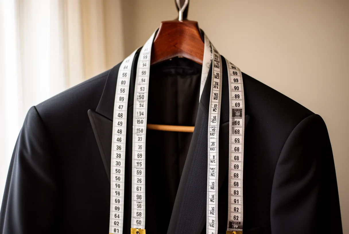 Mètre ruban posé sur une veste de costume noir, illustrant la prise de mesures pour choisir la bonne taille.