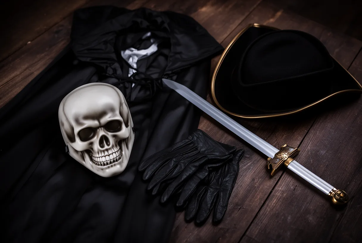 Déguisement d'Halloween pour homme disposé à plat : cape noire, masque de squelette, gants, tricorne et épée en plastique sur une table en bois sombre.