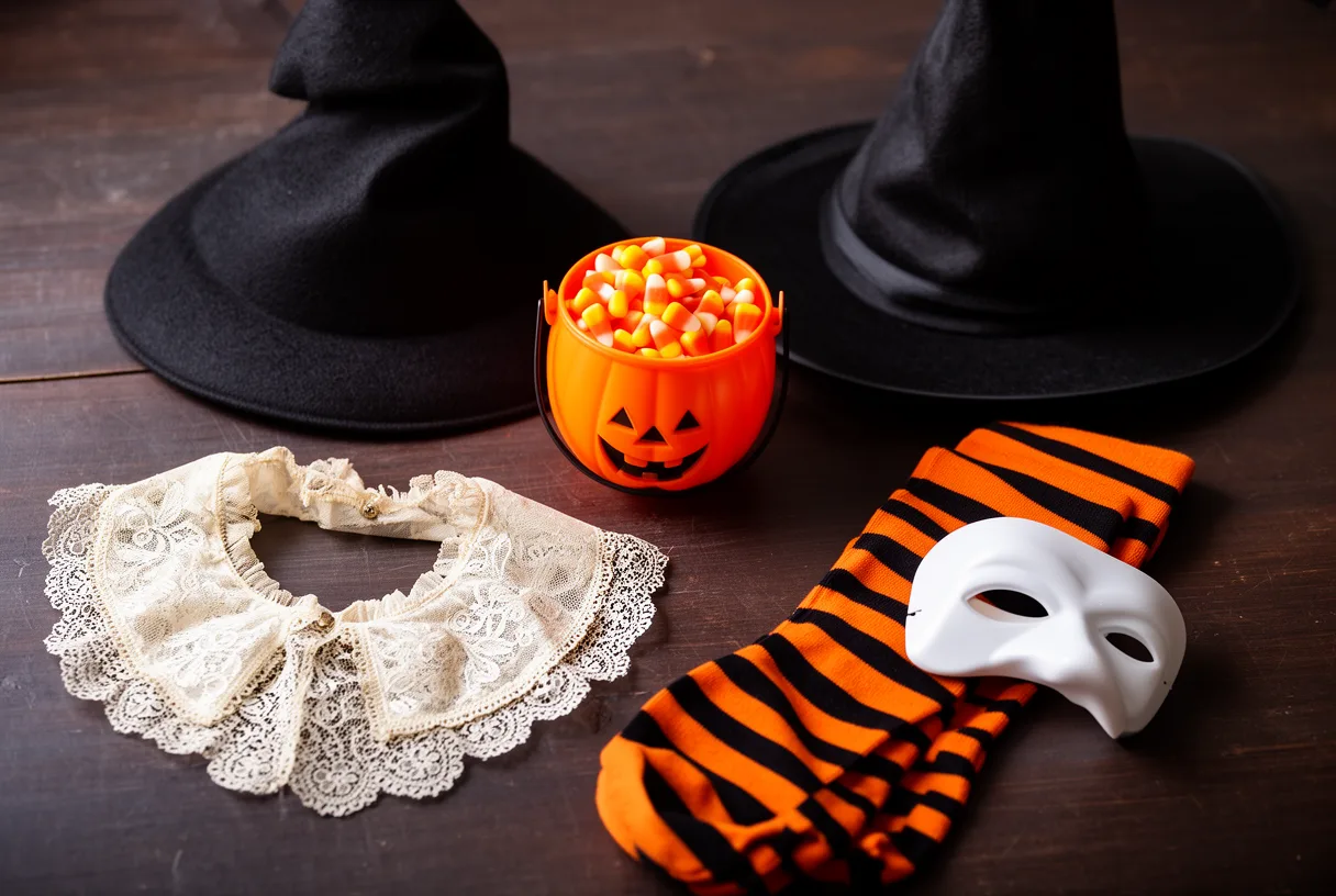 Éléments de déguisement d'Halloween posés sur une table en bois sombre