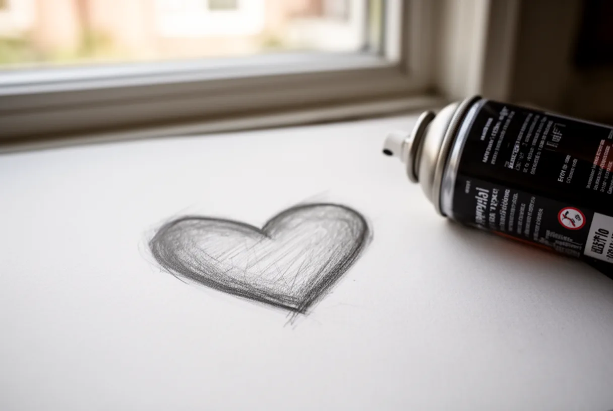 Dessin au crayon graphite en cours, avec bombe de fixatif posée à côté.