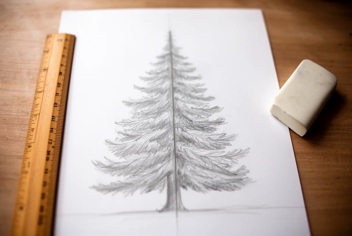 Dessin de sapin de Noël au crayon avec axe de symétrie visible, règle et gomme à côté