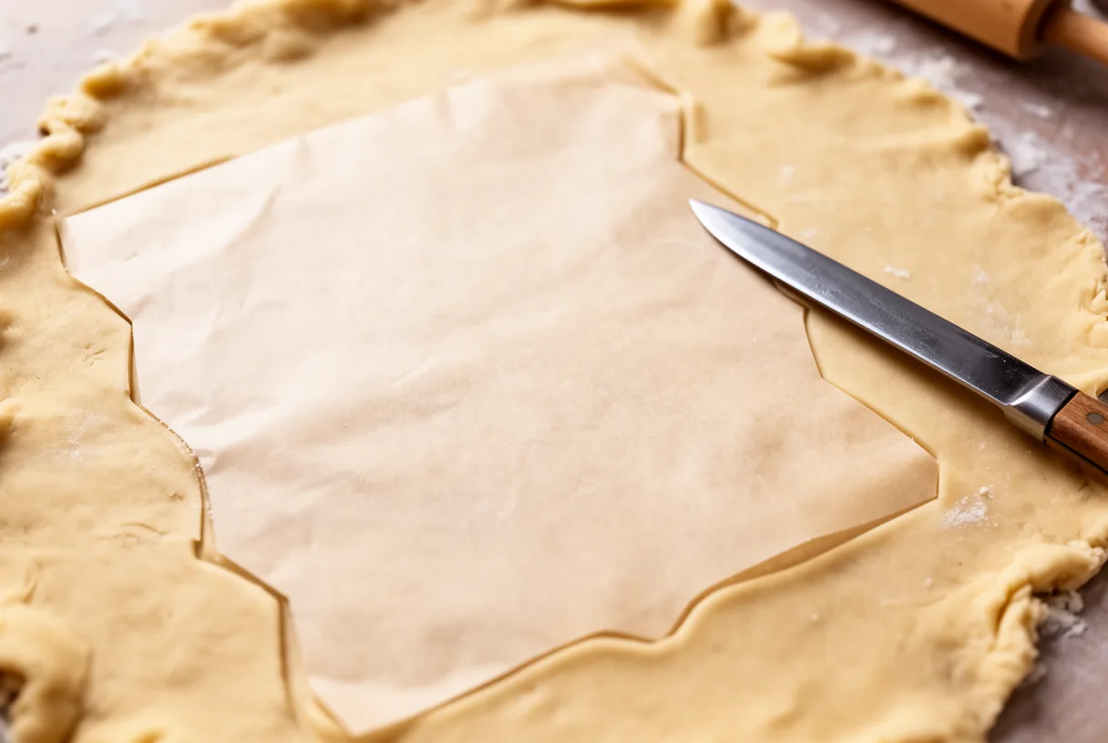 Pochoir en papier sulfurisé posé sur une pâte feuilletée crue