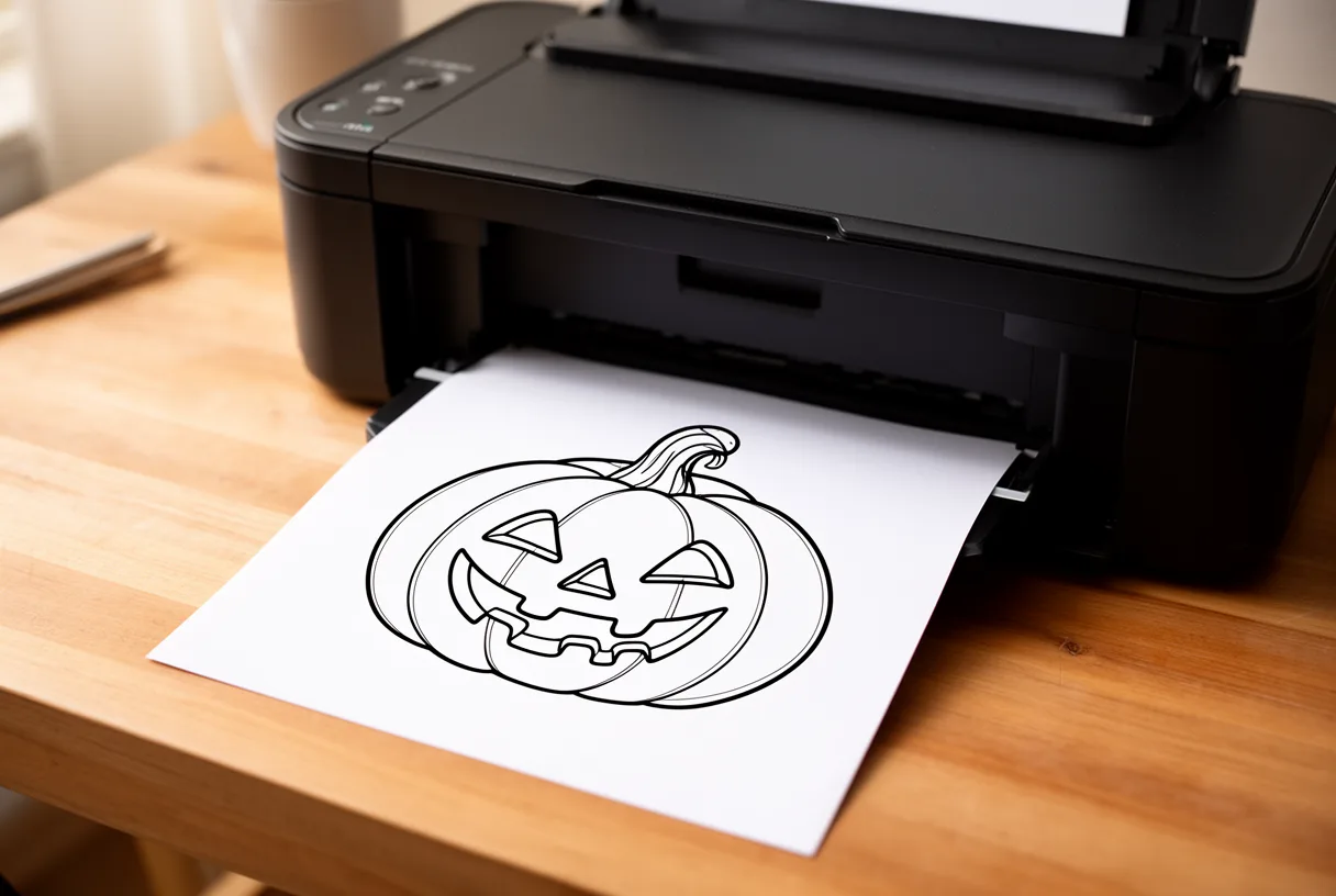 Imprimante jet d'encre imprimant un dessin de citrouille d'Halloween en noir et blanc