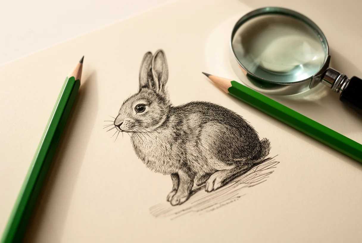 Gravure ancienne de lapin de Pâques imprimée sur papier crème, avec un crayon vert et une loupe