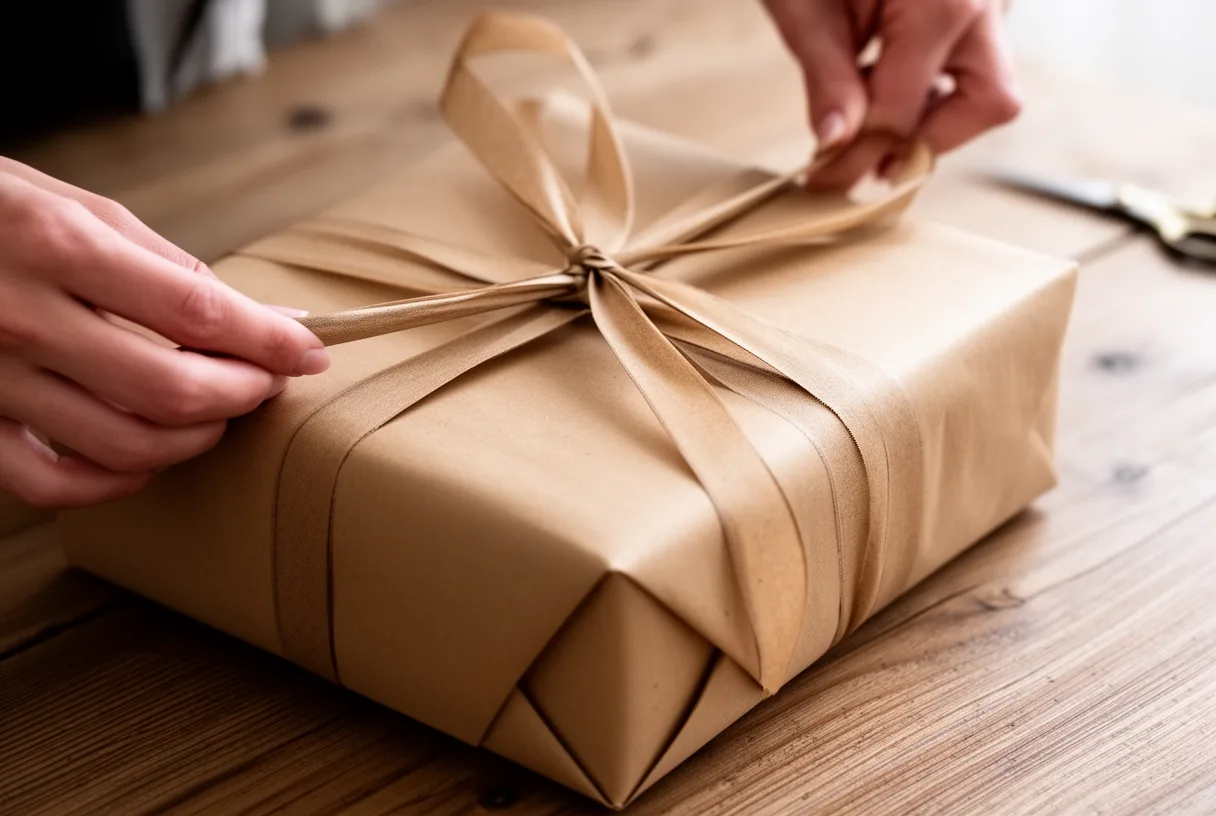 Emballage d'un cadeau avec du papier kraft et un ruban
