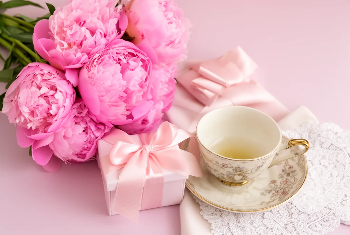 Composition de cadeaux pour la fête des mères avec bouquet, boîte et tasse ancienne