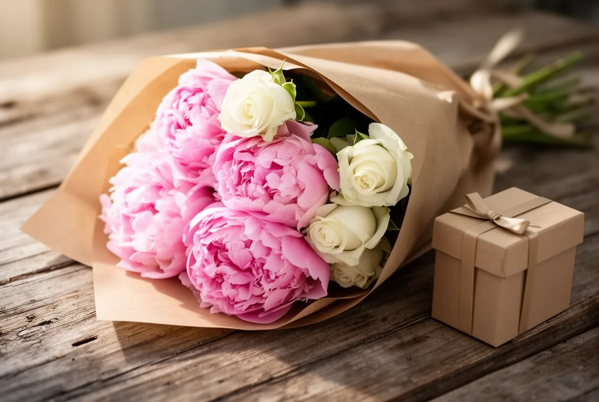 Bouquet de pivoines et de roses emballé dans du papier kraft