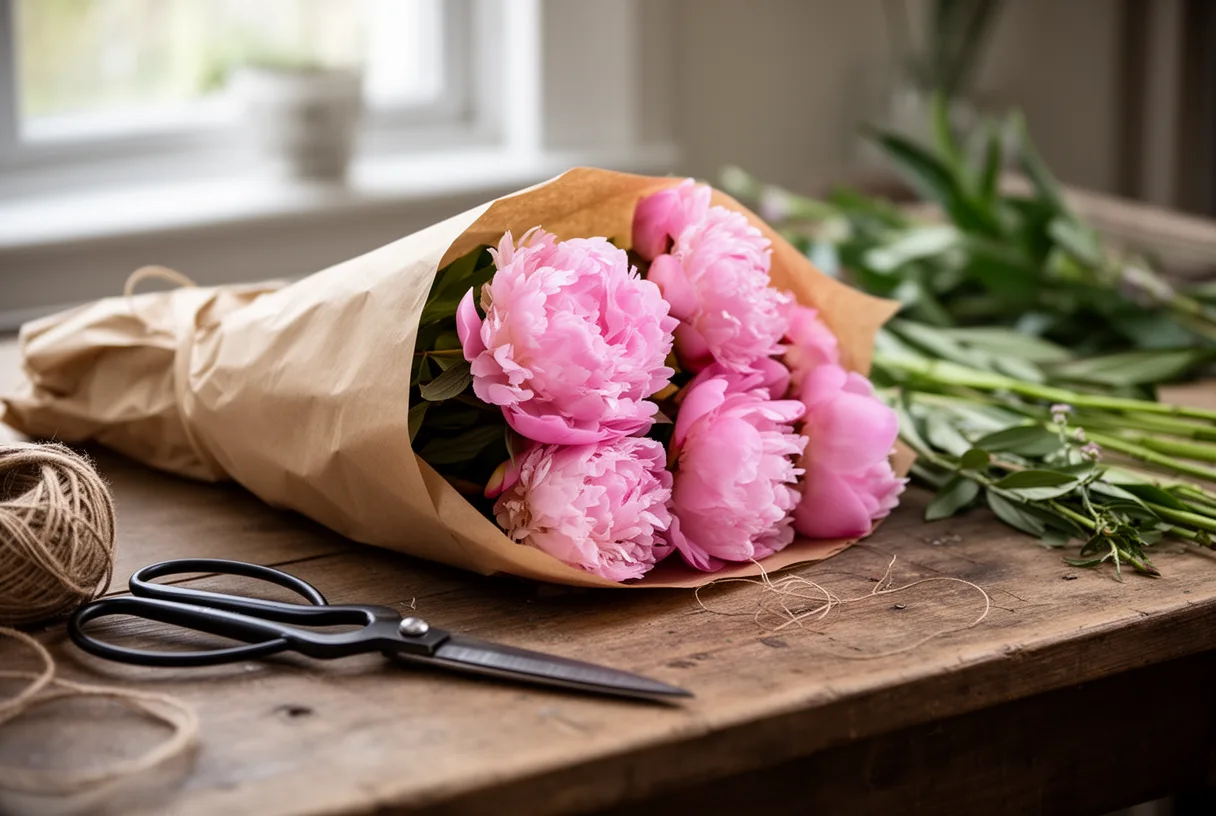 Bouquet de pivoines enveloppé dans du papier kraft sur l'établi d'un fleuriste