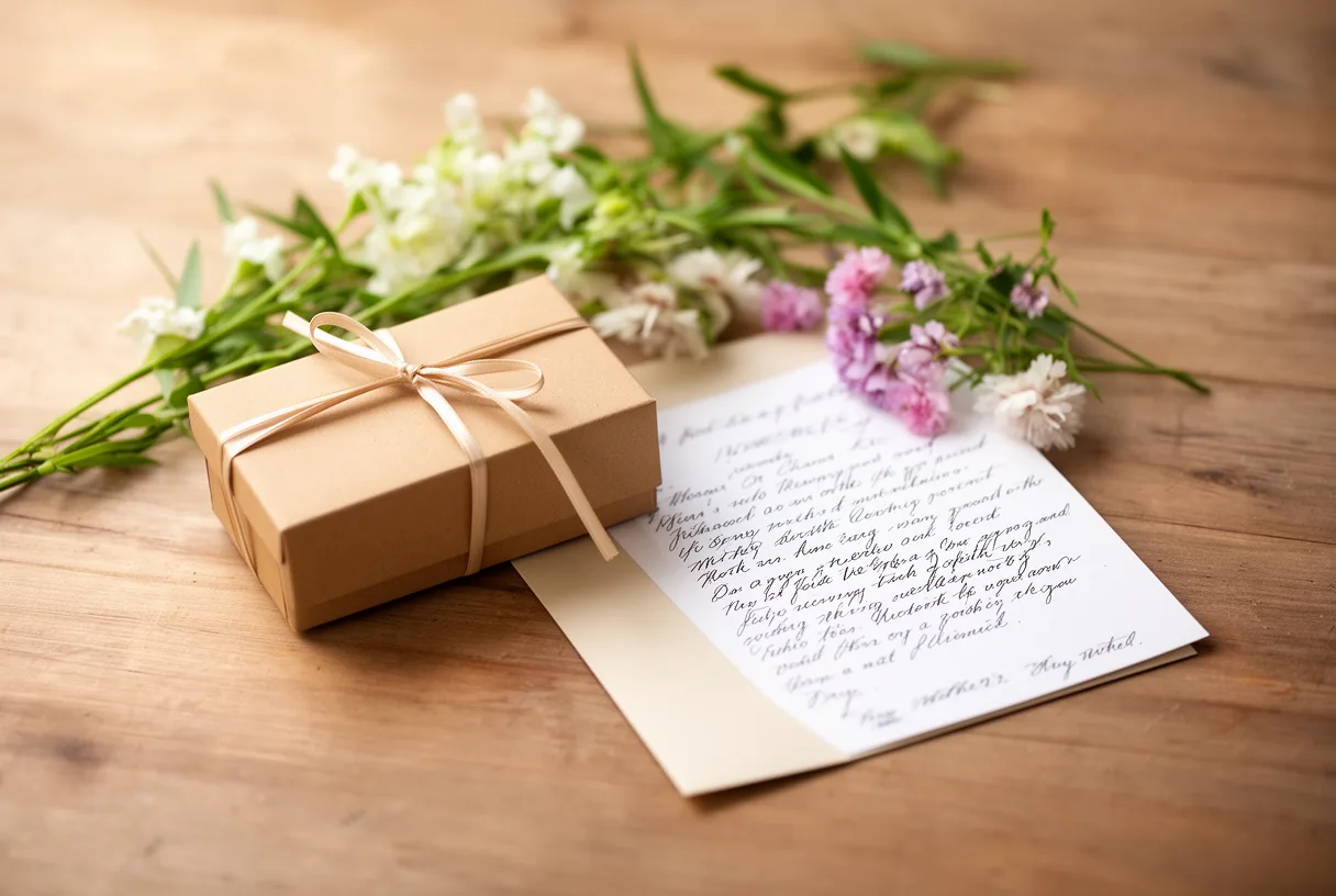Cadeau de fête des mères emballé dans du papier kraft avec une carte manuscrite et un brin de fleurs