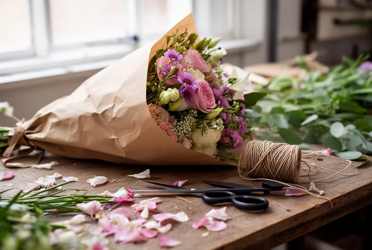 Bouquet de fleurs en cours d'emballage chez un fleuriste