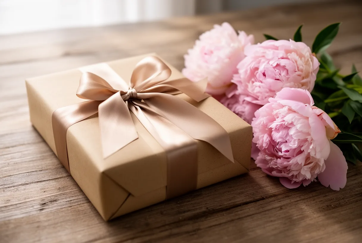 Cadeau de fête des mères emballé dans du papier kraft avec un ruban et des pivoines