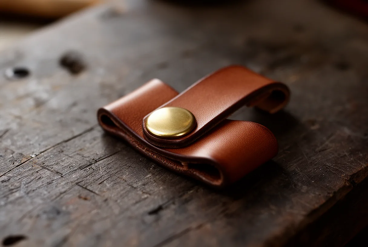 Porte-clés en cuir avec rivet en laiton sur un établi en bois