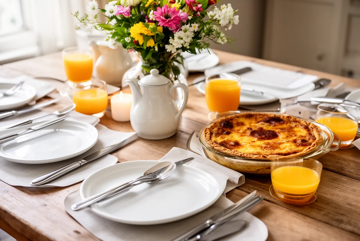 Table de brunch dressée pour la fête des pères avec quiche et fleurs