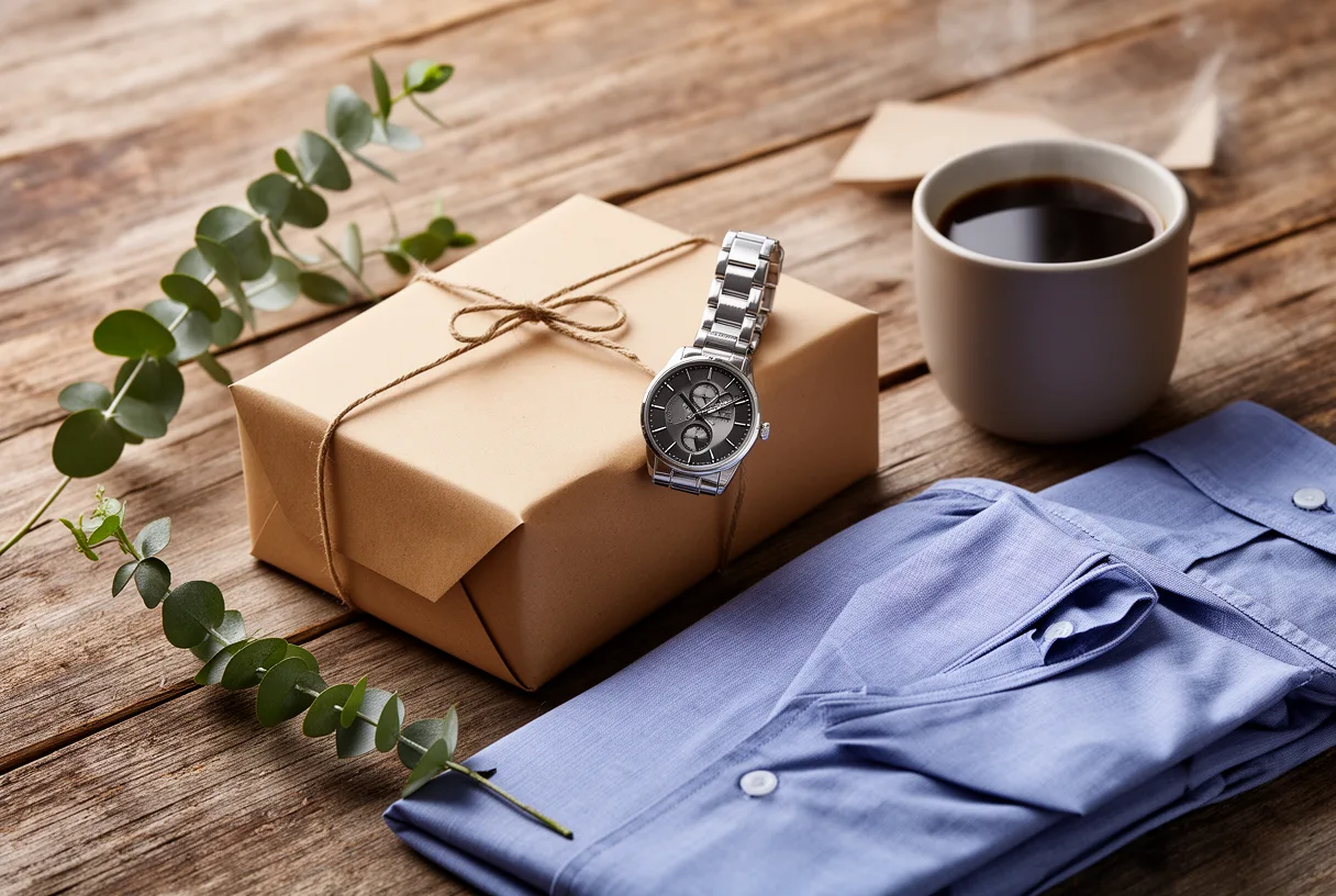 Cadeaux de fête des pères posés sur une table en bois