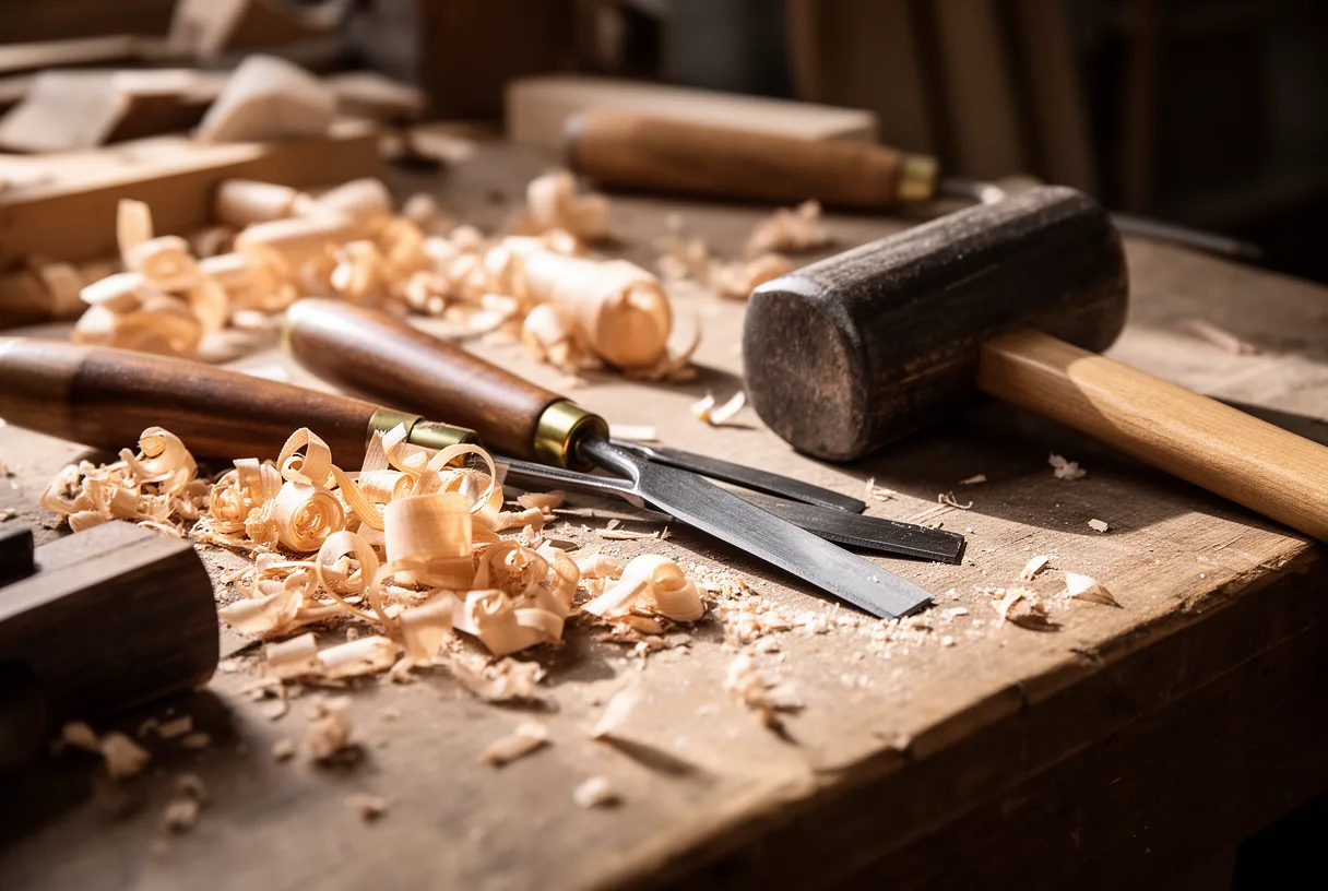 Établi de menuiserie avec ciseaux à bois et copeaux