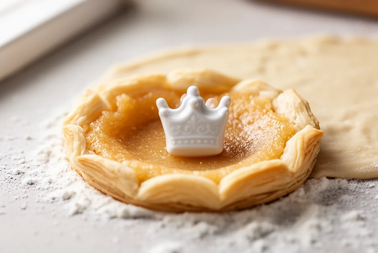 Fève en porcelaine plate posée sur la frangipane d'une galette des rois non cuite