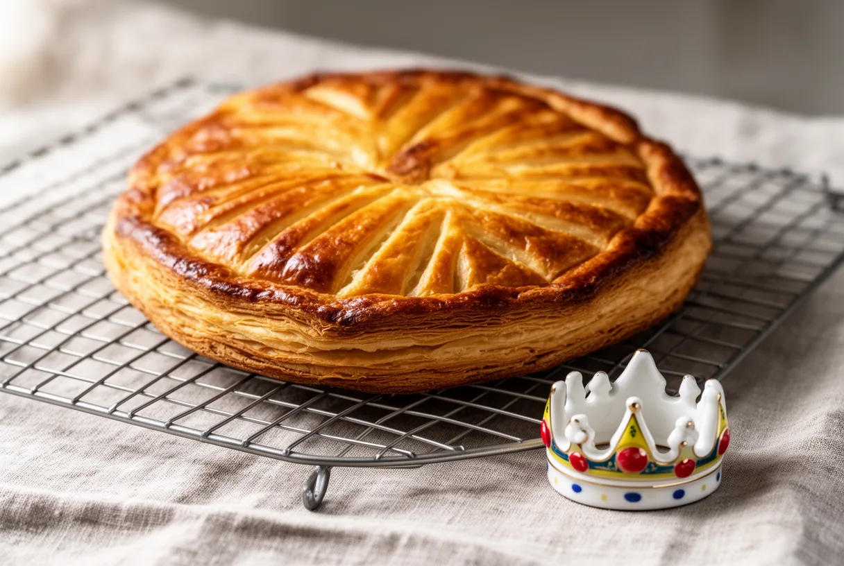 Galette des rois dorée sur une grille avec une fève en porcelaine posée à côté
