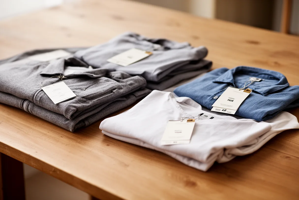 Vêtements soldés pliés sur une table, certaines tailles épuisées