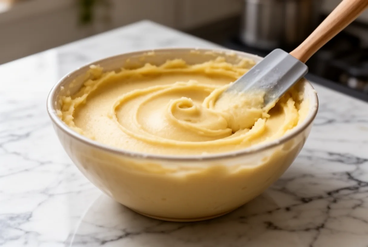 Bol de frangipane lisse avec une spatule