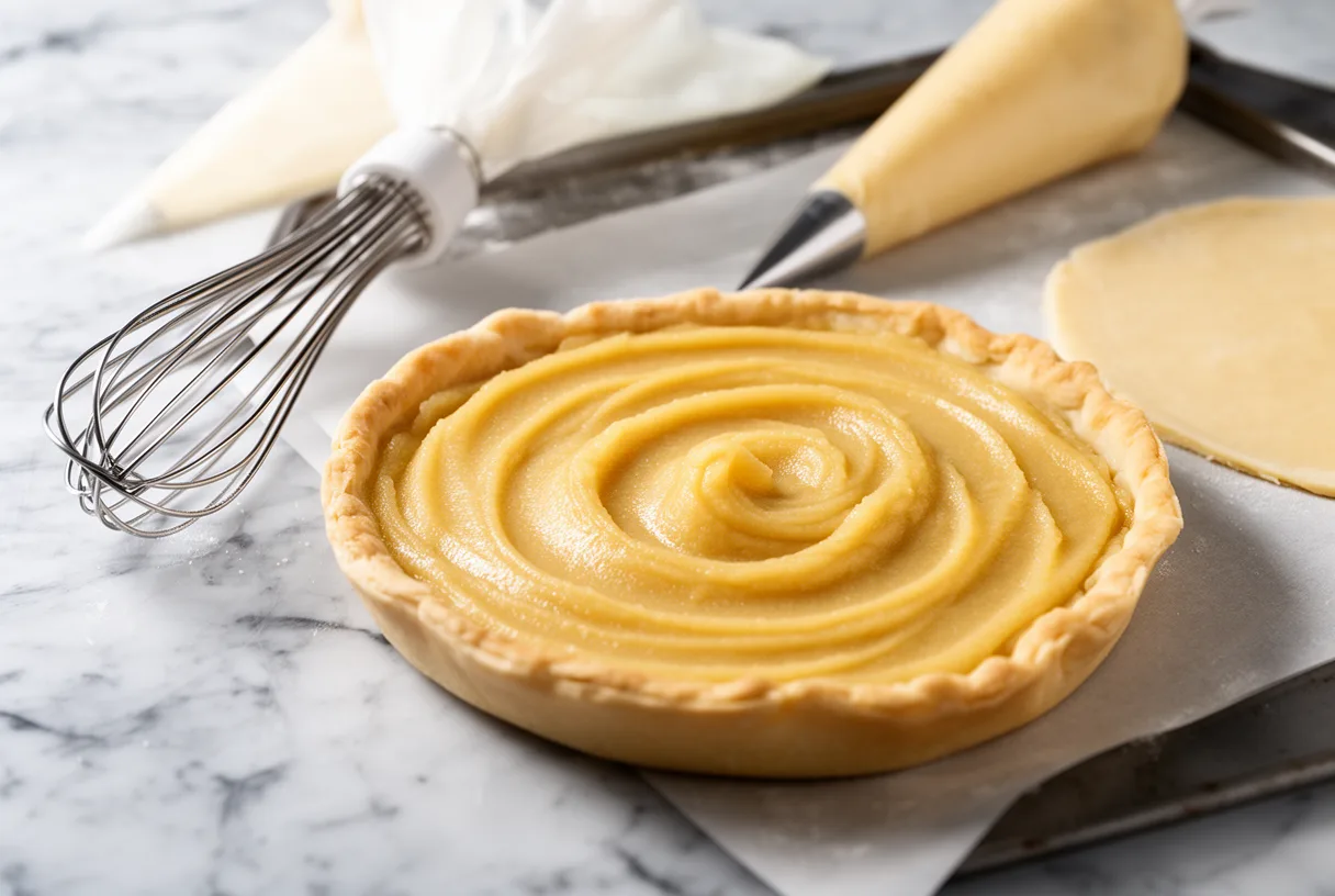 Frangipane pochée en spirale sur une pâte feuilletée avant montage