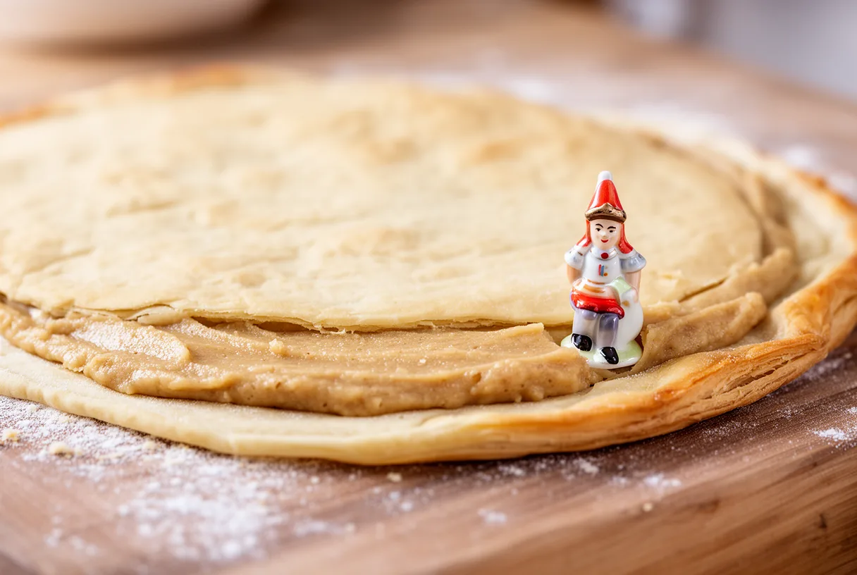 Montage de la galette avec la fève posée sur la frangipane