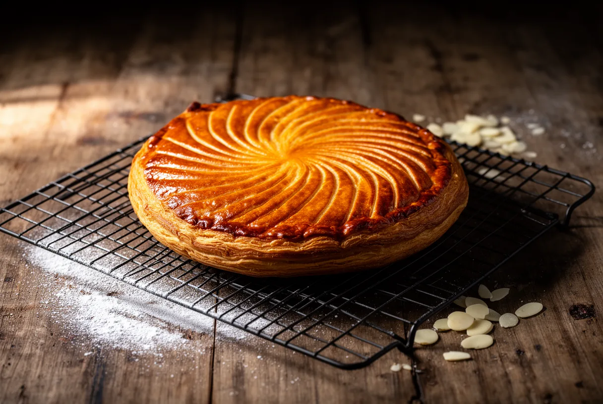 Galette des rois doree refroidissant sur une grille au dessus d une table en bois