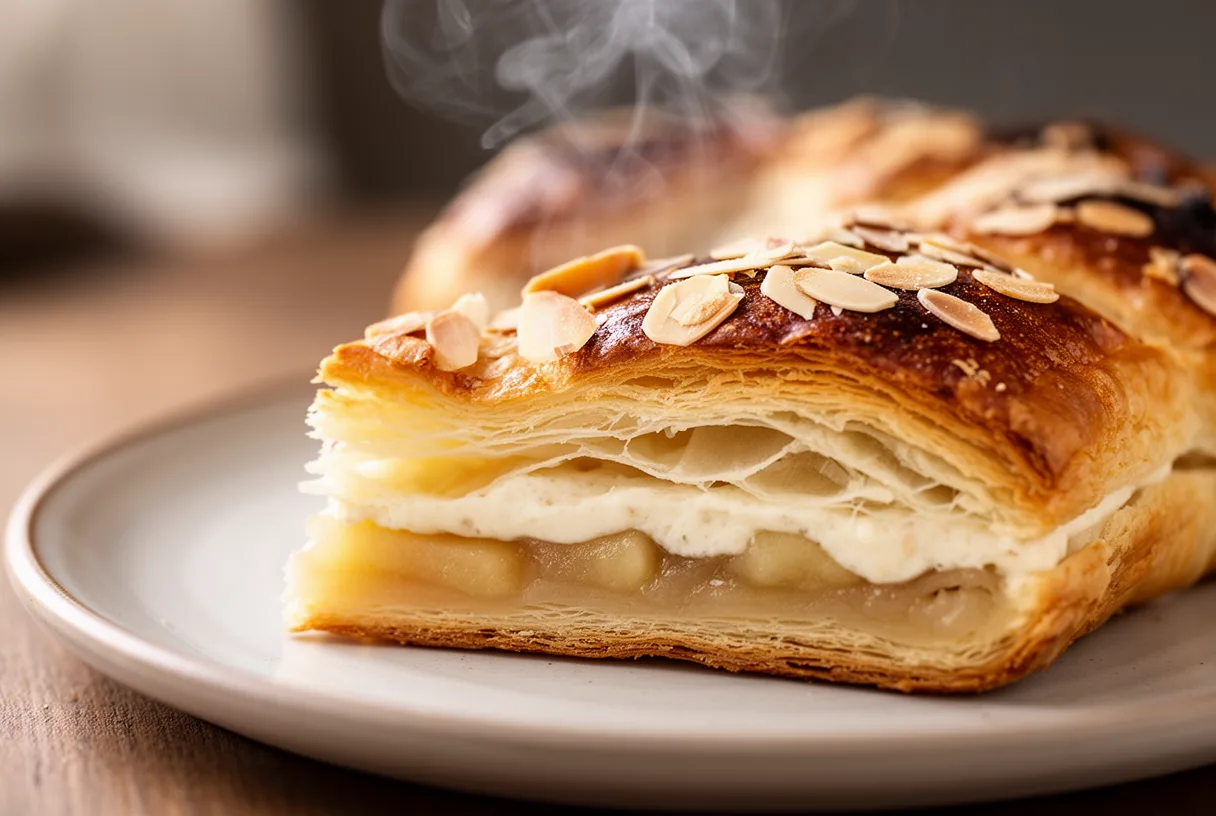 Part de galette des rois pomme montrant le feuilletage et la couche de compote