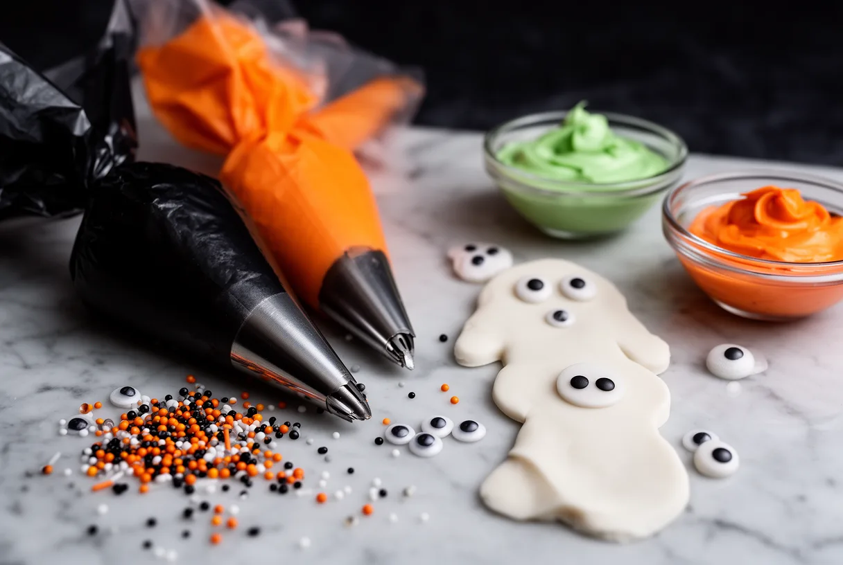 Outils de décoration pour gâteau d'Halloween : poches à douille, bols de glaçage noir et orange, figurines en pâte à sucre.