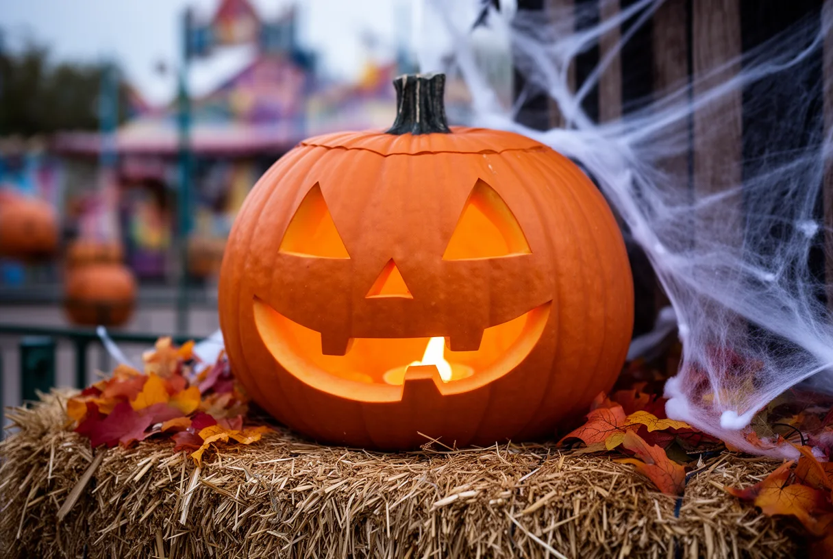 Citrouille sculptée posée sur une botte de foin dans un parc d'attractions décoré pour Halloween
