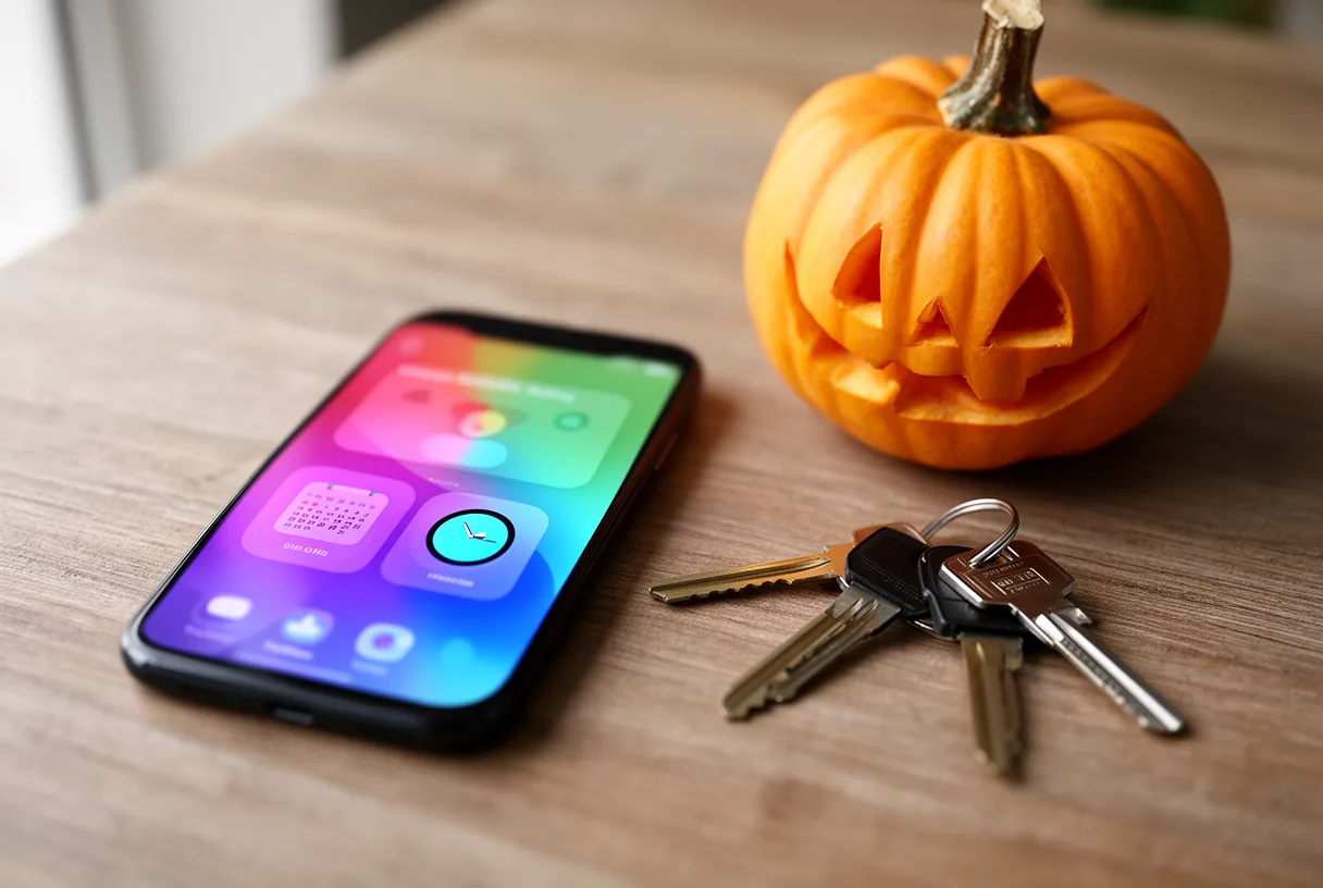 Un smartphone posé sur une table en bois avec une citrouille et des clés, évoquant la réservation en ligne pour Halloween