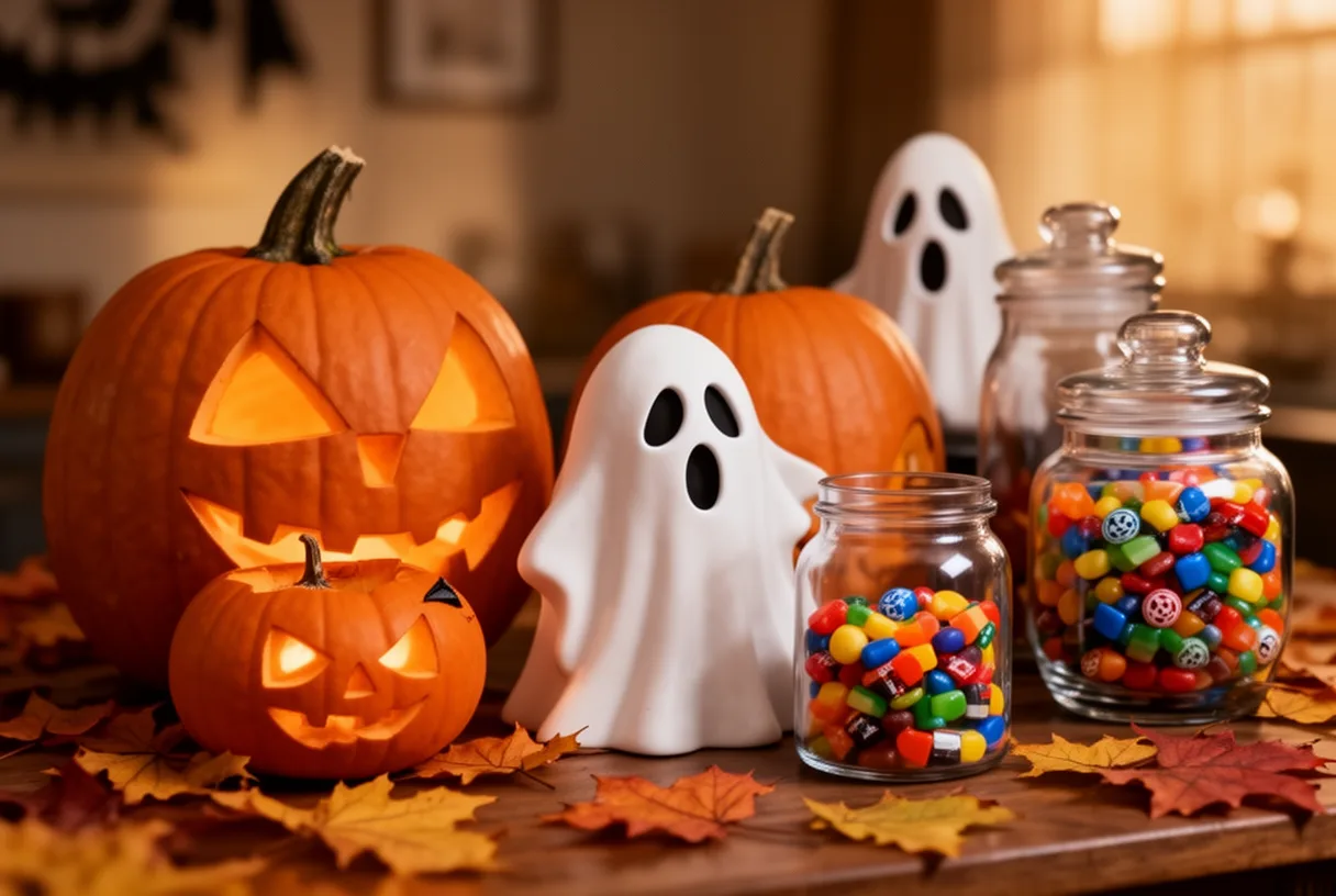 Décoration d'Halloween avec citrouilles sculptées, fantômes et bonbons