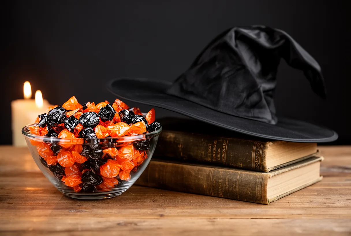 Un chapeau de sorcière posé sur des livres anciens à côté d'un bol de bonbons orange et noir