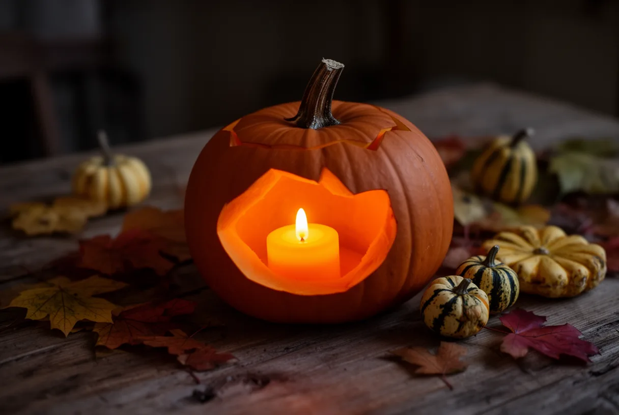 Citrouille sculptée avec bougie LED allumée, posée sur une table en bois, entourée de feuilles d'automne