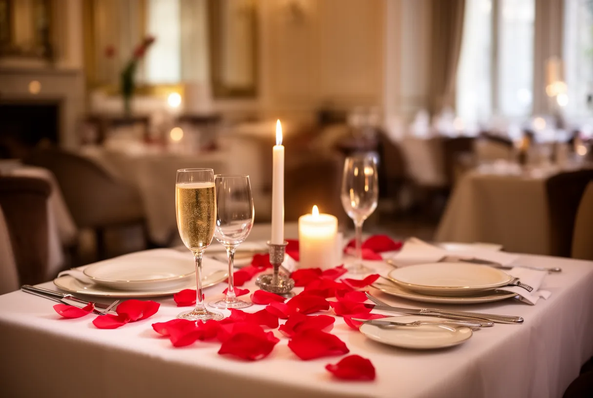 Table dressée pour un dîner de Saint-Valentin avec bougies et pétales de roses